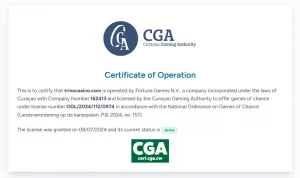 Curaçao Gaming Authority certificate for trinocasino.com showing Fortuna Games N.V. and the active licence