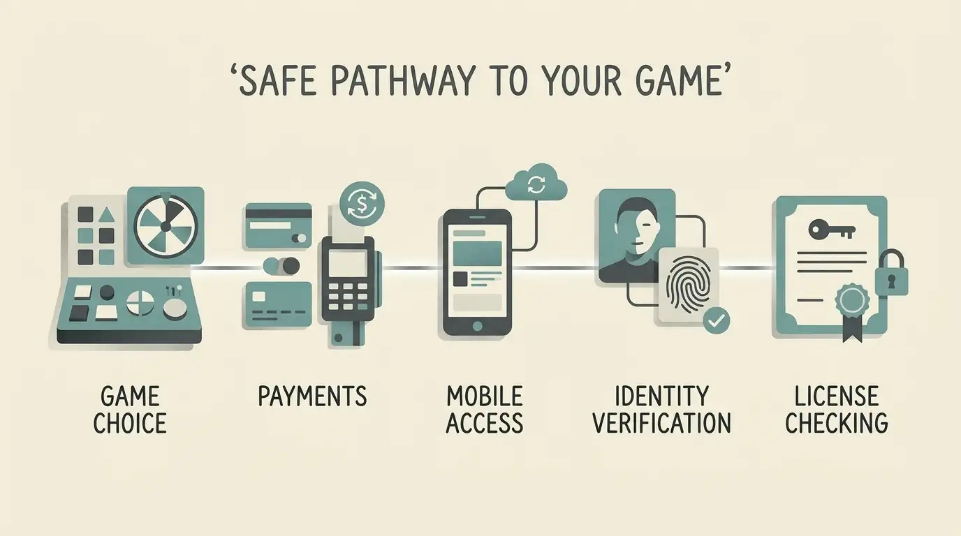 Decision path linking games, payments, mobile access, account verification and licence checks