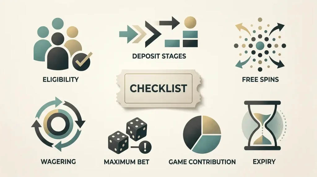 Editorial bonus checklist covering deposits, free spins, wagering, expiry and eligibility