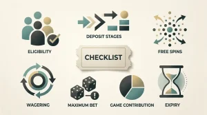 Editorial bonus checklist covering deposits, free spins, wagering, expiry and eligibility