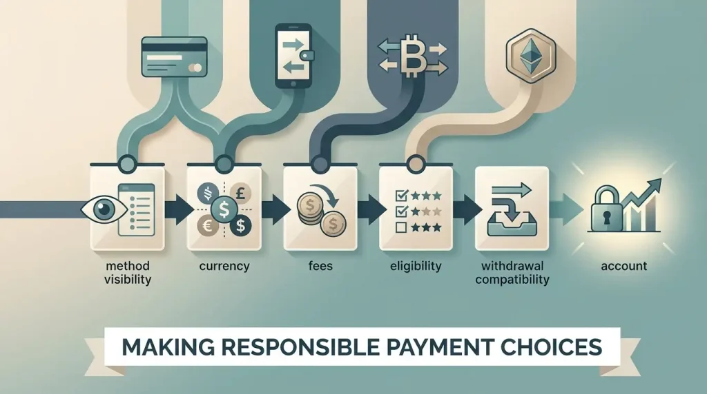 Editorial deposit decision flow showing payment category, currency, fees and withdrawal compatibility checks