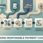 Editorial deposit decision flow showing payment category, currency, fees and withdrawal compatibility checks