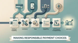 Editorial deposit decision flow showing payment category, currency, fees and withdrawal compatibility checks