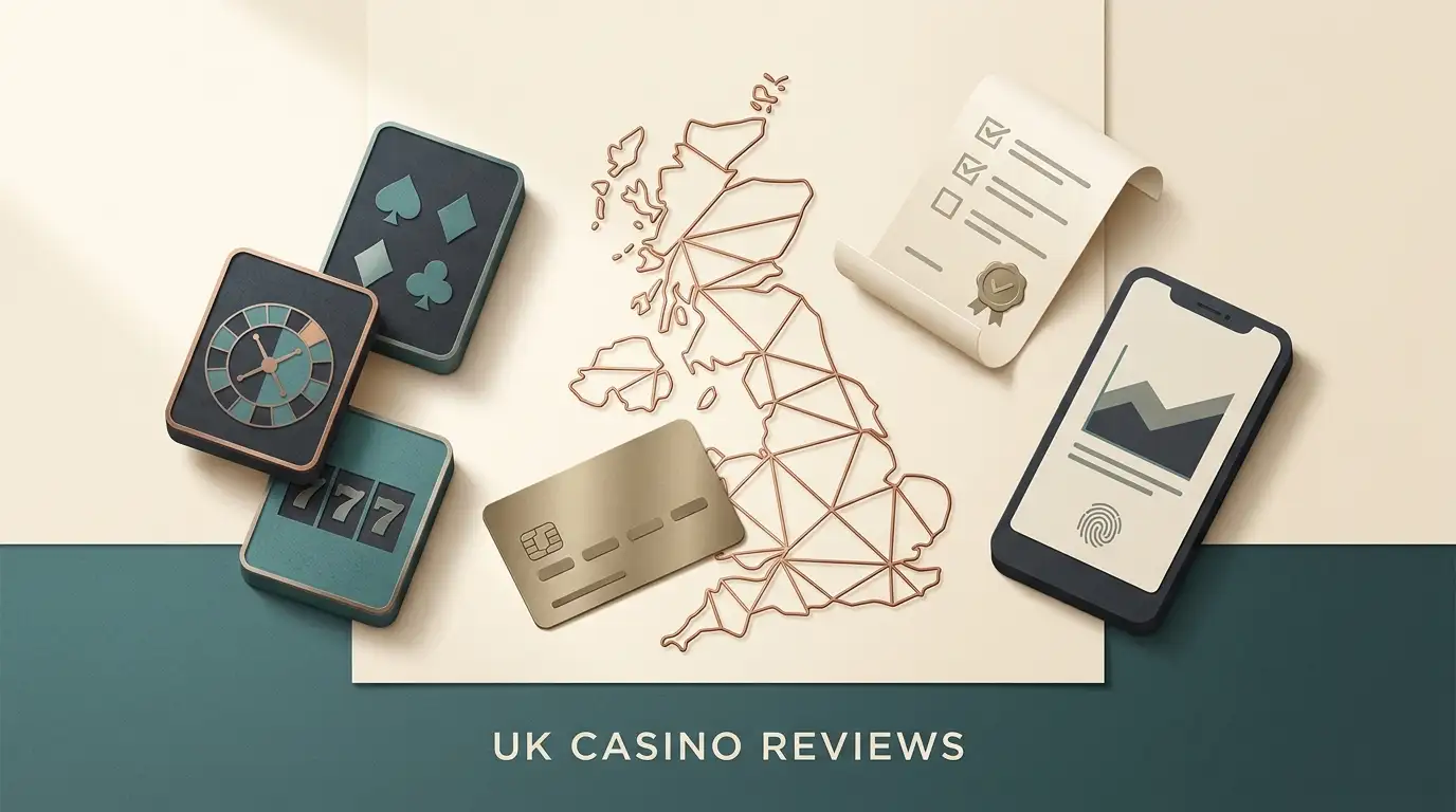 Editorial illustration of casino games, payments and regulatory checks for a UK player