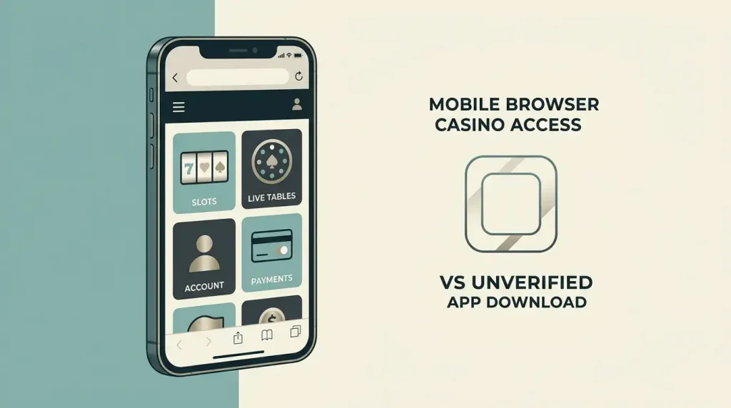 Generic smartphone browser showing casino categories beside a browser-versus-app comparison