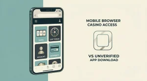 Generic smartphone browser showing casino categories beside a browser-versus-app comparison