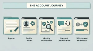 Neutral account journey from sign-up through identity verification, support and withdrawal readiness