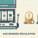 Neutral slot-machine illustration with separate Great Britain age bands for online slot stake limits