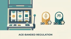 Neutral slot-machine illustration with separate Great Britain age bands for online slot stake limits