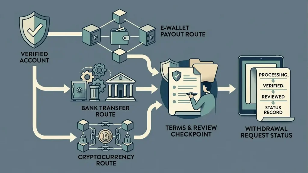 Payout checklist showing verification, payout method, terms check and withdrawal request tracking